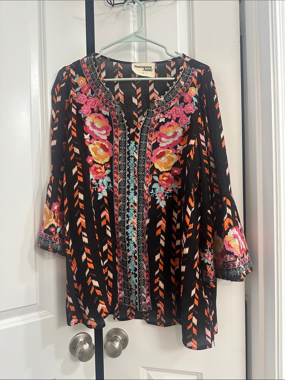 Savanna Jane  Black Floral Embroidered V-Neck Tunic Top